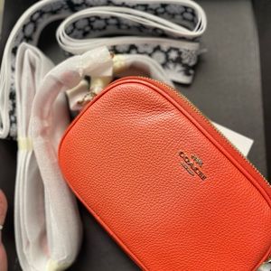 Coach PBB Crossbody/Wristlet double zip clutch~color Deep Coral &Gold hardware